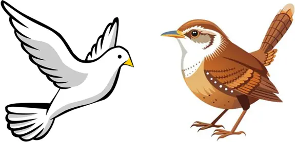 A cartoon of a dove bird and a wren bird